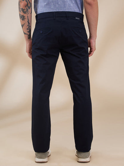 Parx Men Blue Solid Low Rise Tapered Fit Cotton Blend Trouser