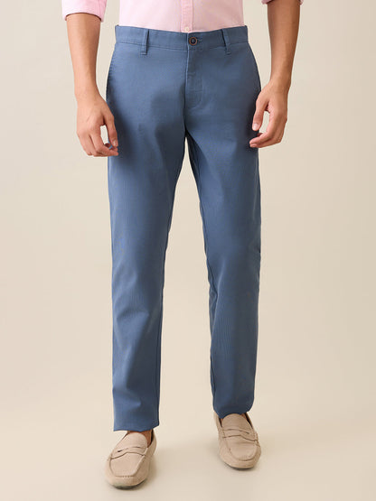 Parx Men Blue Dobby Low Rise Tapered Fit Cotton Blend Trouser