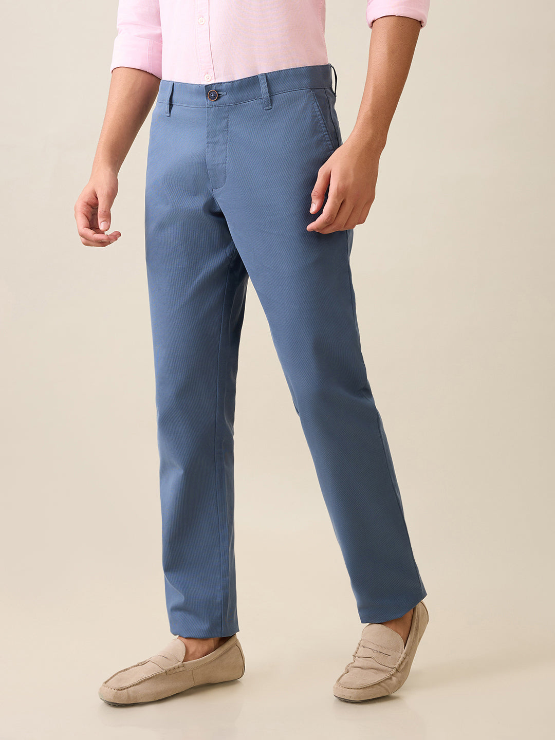 Parx Men Blue Dobby Low Rise Tapered Fit Cotton Blend Trouser