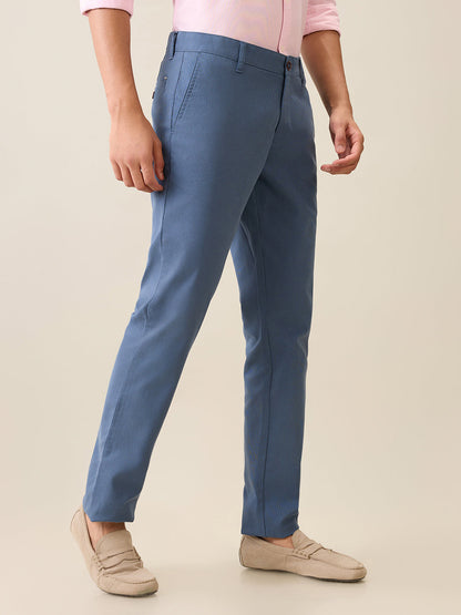 Parx Men Blue Dobby Low Rise Tapered Fit Cotton Blend Trouser