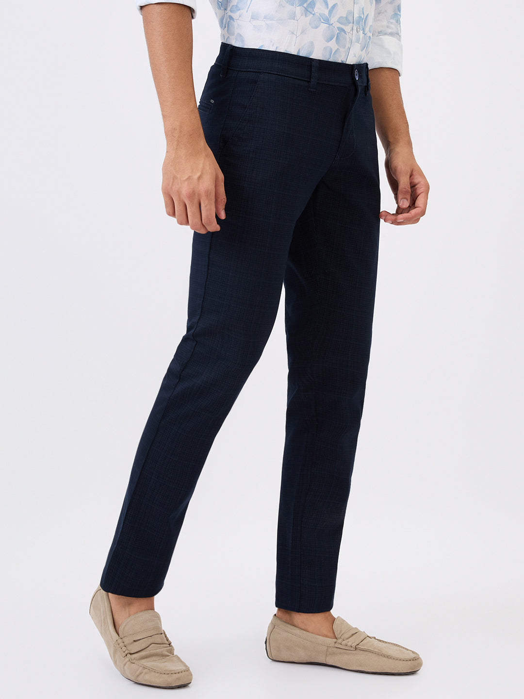 Parx Men Blue Printed Low Rise Tapered Fit Cotton Blend Trouser