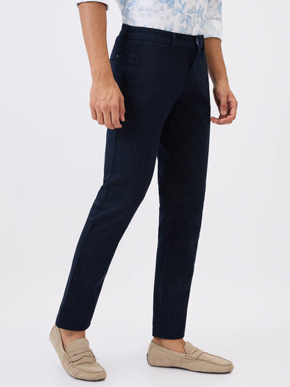 Parx Men Blue Printed Low Rise Tapered Fit Cotton Blend Trouser