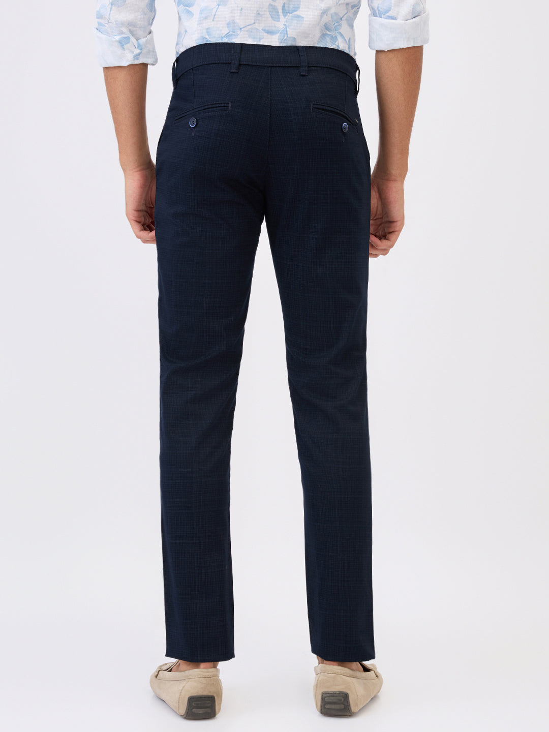 Parx Men Blue Printed Low Rise Tapered Fit Cotton Blend Trouser