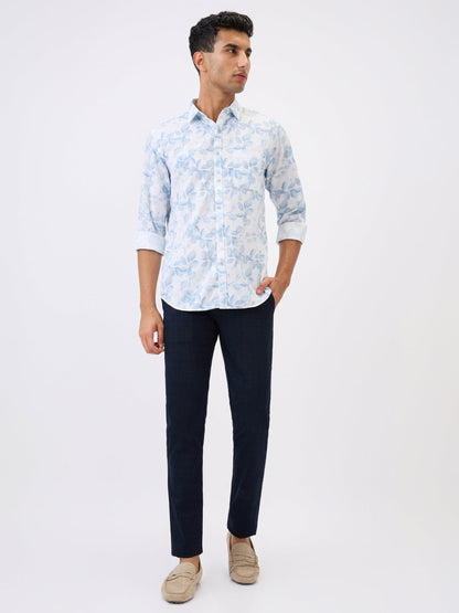 Parx Men Blue Printed Low Rise Tapered Fit Cotton Blend Trouser