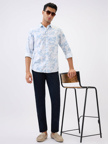 Parx Men Blue Printed Low Rise Tapered Fit Cotton Blend Trouser