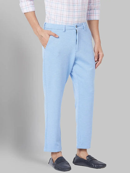 Men Blue Carrot Fit Solid Terylene Blend Trouser