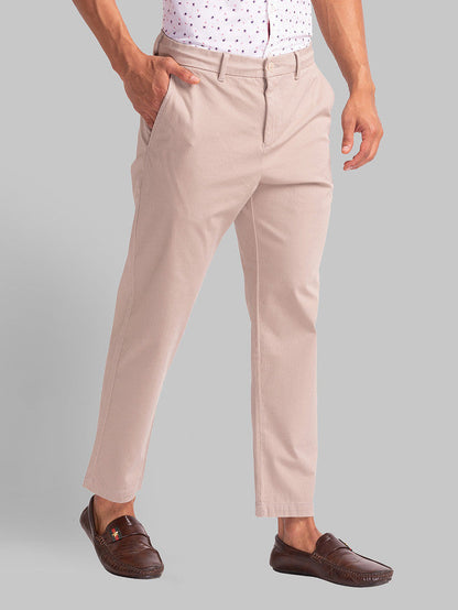 Parx Khaki Solid Carrot Fit Cotton Blend Trouser