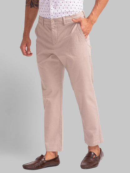 Parx Khaki Solid Carrot Fit Cotton Blend Trouser