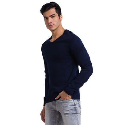 Men Blue Solid Acrylic Full Sleeve Sweaters