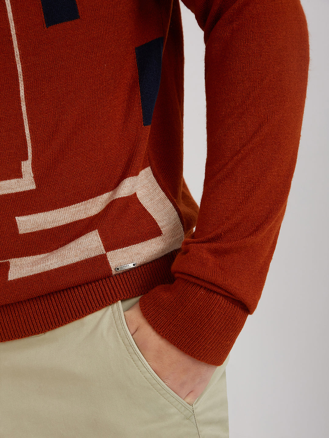 Men Orange Intarsia Acrylic Full Sleeve Sweaters