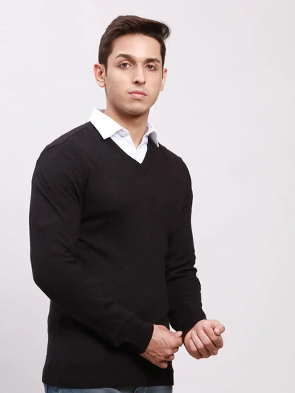 Parx Men Black Solid Wool Blend Full Sleeve V Neck Sweater