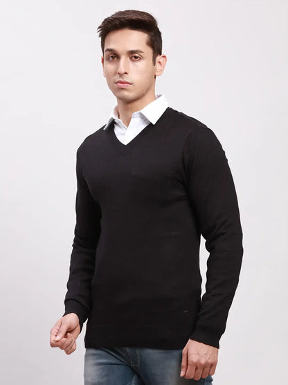 Parx Men Black Solid Wool Blend Full Sleeve V Neck Sweater