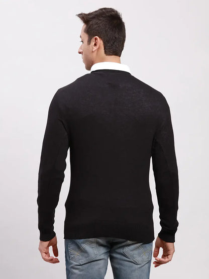 Parx Men Black Solid Wool Blend Full Sleeve V Neck Sweater