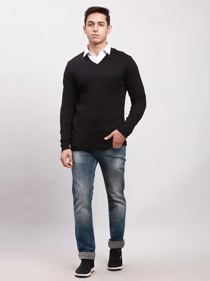 Parx Men Black Solid Wool Blend Full Sleeve V Neck Sweater