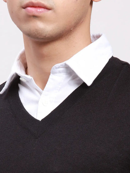 Parx Men Black Solid Wool Blend Full Sleeve V Neck Sweater