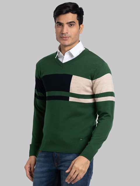Parx Men Green Intarsia Acrylic Sweater
