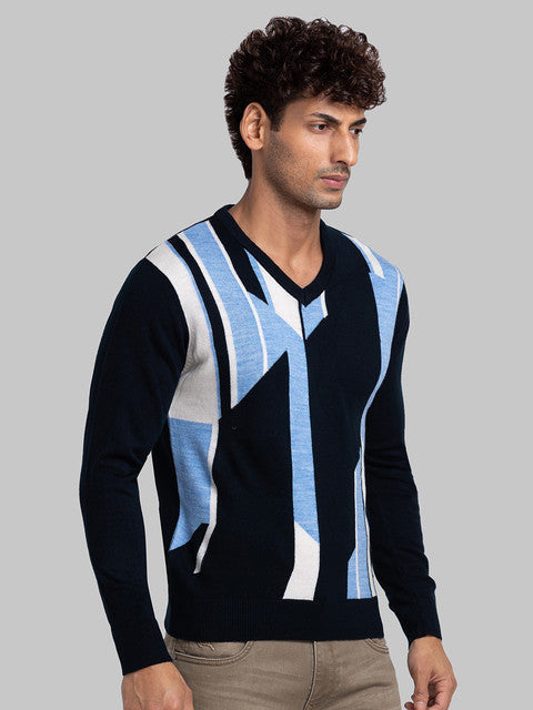 Parx Men Blue Intarsia Acrylic Sweater