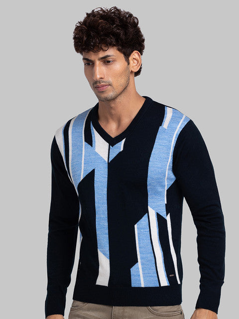 Parx Men Blue Intarsia Acrylic Sweater