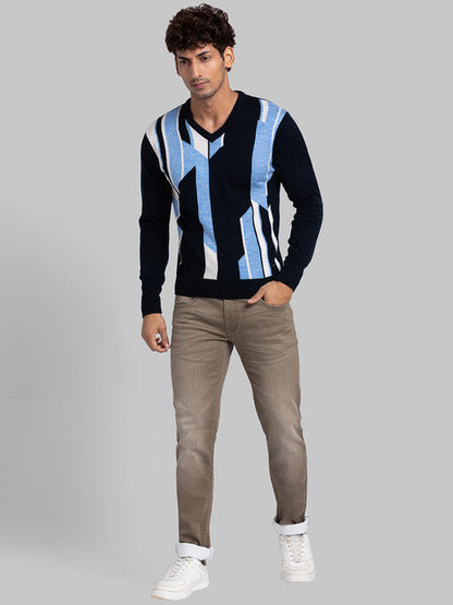 Parx Men Blue Intarsia Acrylic Sweater