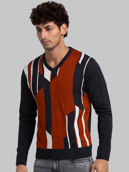 Parx Men Grey Intarsia Acrylic Sweater