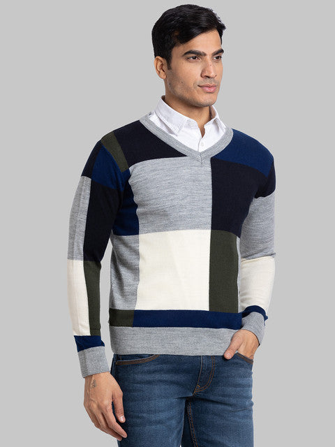 Parx Men Grey Intarsia Acrylic Sweater