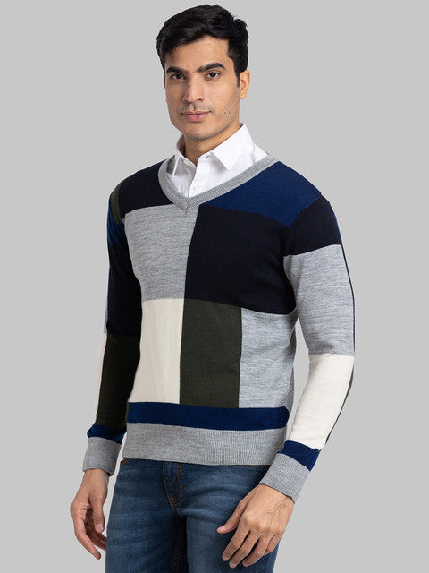 Parx Men Grey Intarsia Acrylic Sweater