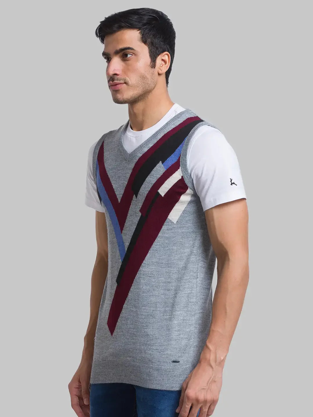 Men Grey Intarsia Acrylic Blend Sleeveless Sweaters
