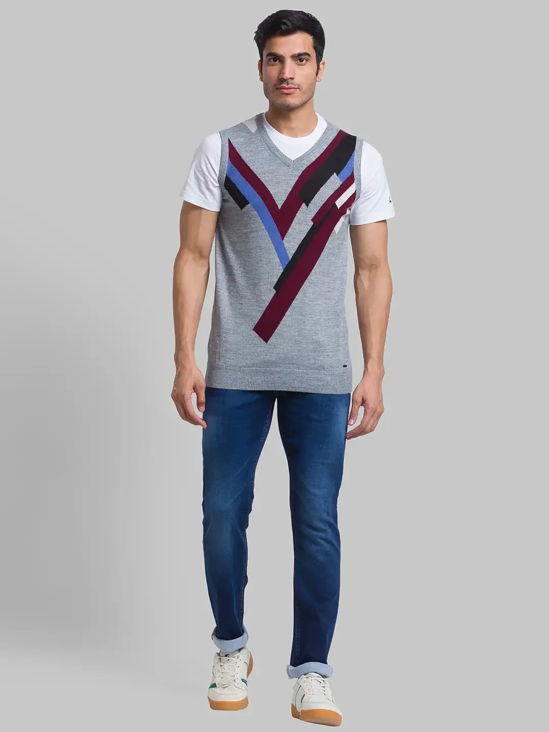 Men Grey Intarsia Acrylic Blend Sleeveless Sweaters