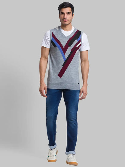 Men Grey Intarsia Acrylic Blend Sleeveless Sweaters