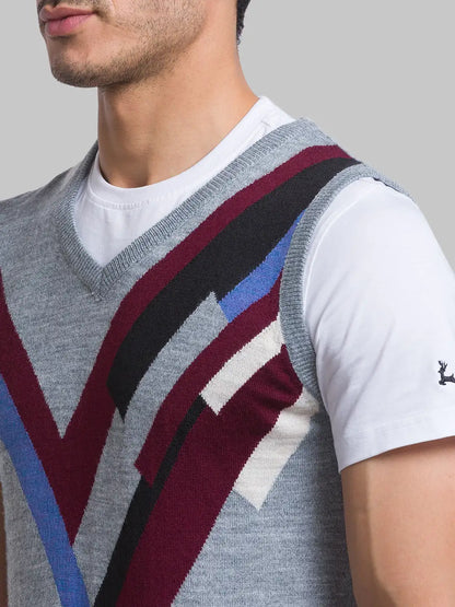 Men Grey Intarsia Acrylic Blend Sleeveless Sweaters