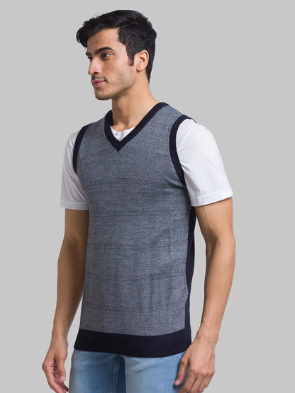 Men Blue Jacquard Acrylic Blend Sleeveless Sweaters