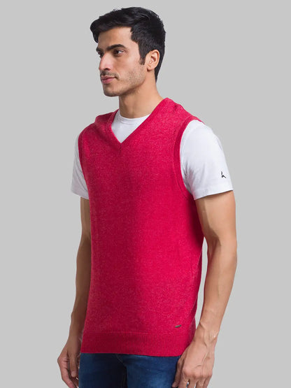 Men Red Solid Wool Blend Sleeveless Sweaters
