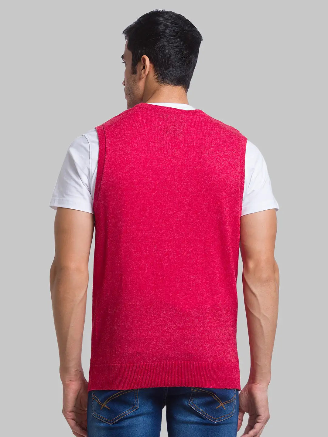 Men Red Solid Wool Blend Sleeveless Sweaters