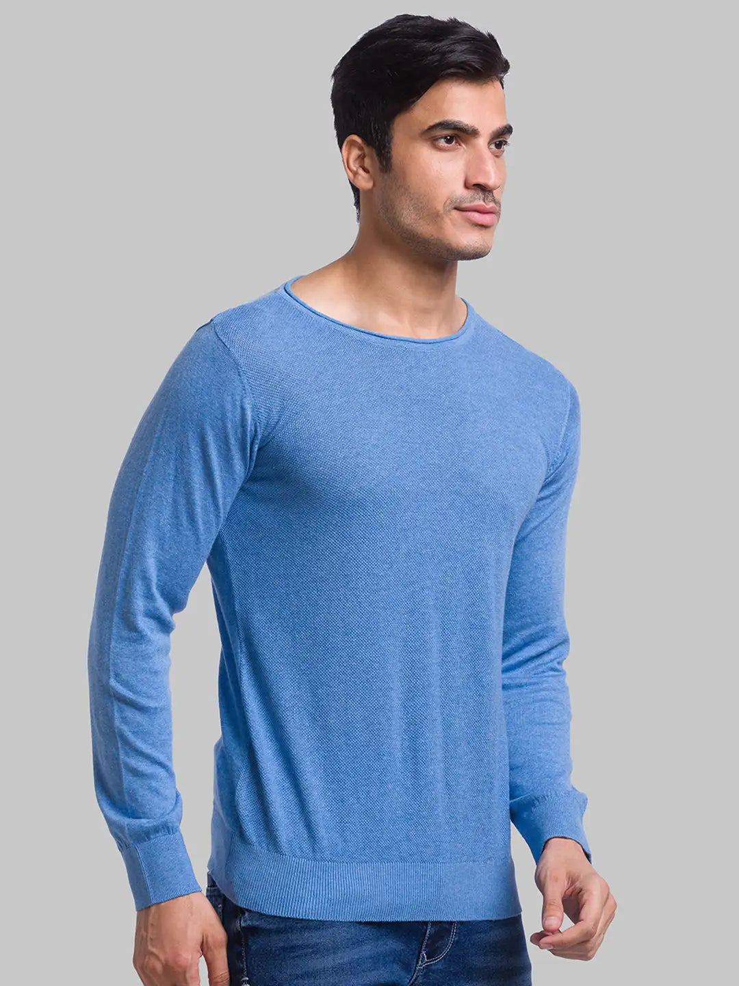 Men Blue Structure Cotton Full Sleeve Sweaters