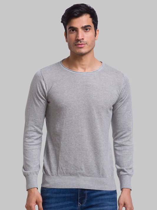 Men Grey Structure Cotton Full Sleeve Sweaters