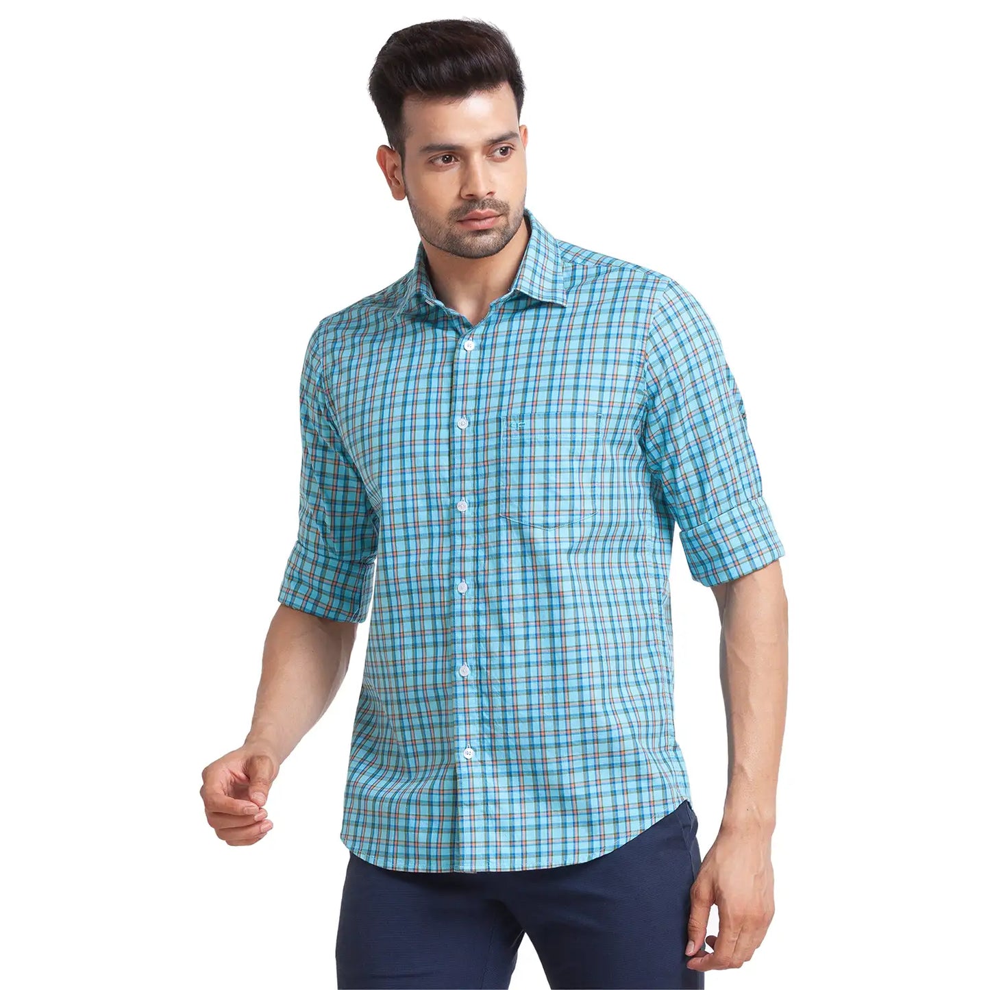 Men Blue Tailored Fit Checks Cotton Full Sleeve Shirts
