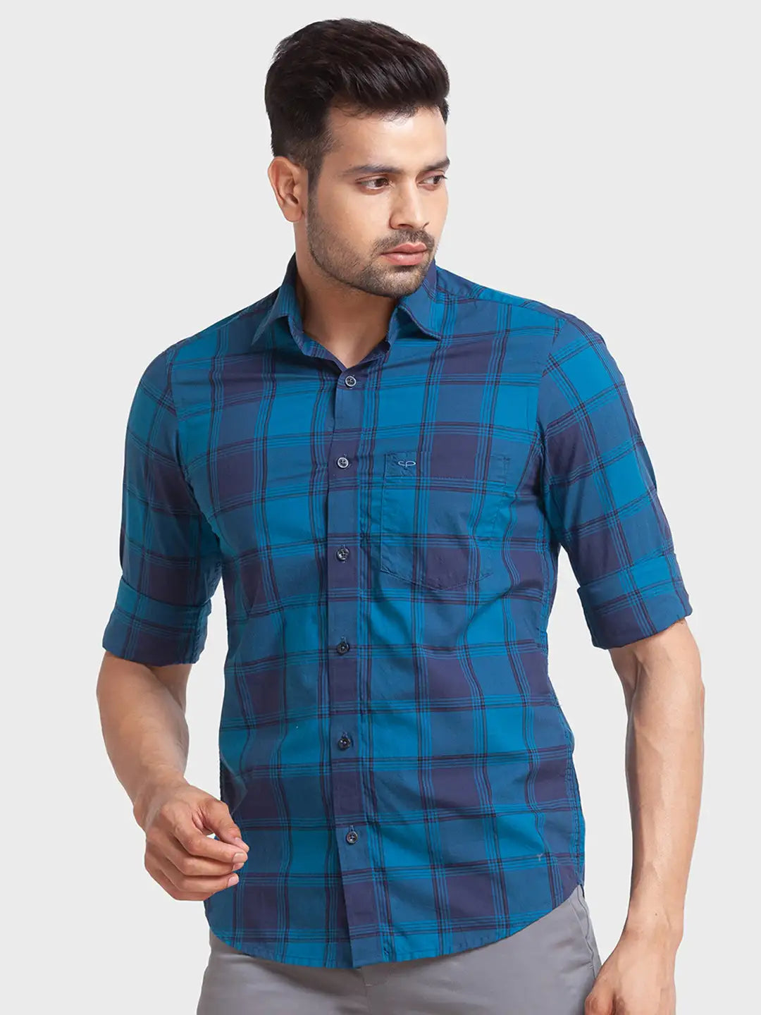 Colorplus Men Blue Checks Tailored Fit Cotton Casual Shirt