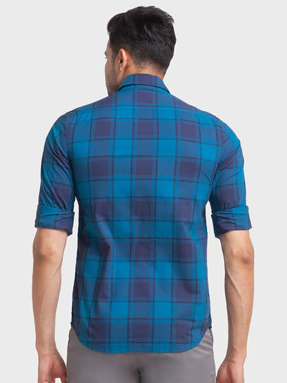Colorplus Men Blue Checks Tailored Fit Cotton Casual Shirt