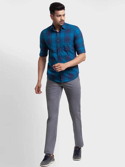 Colorplus Men Blue Checks Tailored Fit Cotton Casual Shirt