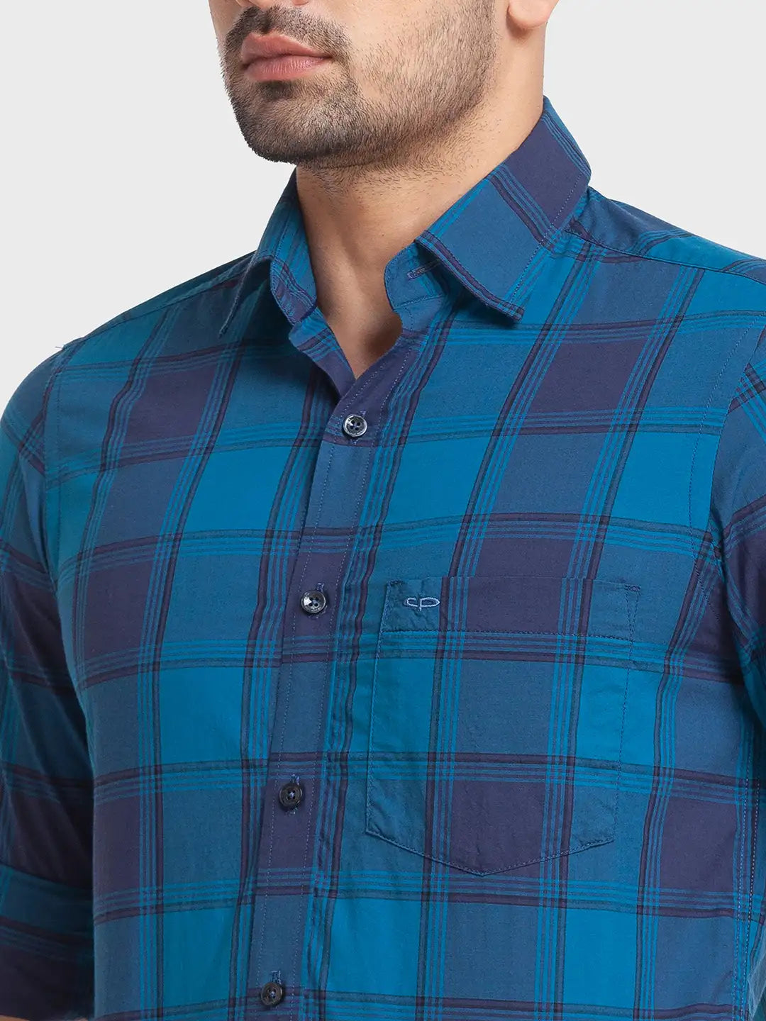 Colorplus Men Blue Checks Tailored Fit Cotton Casual Shirt
