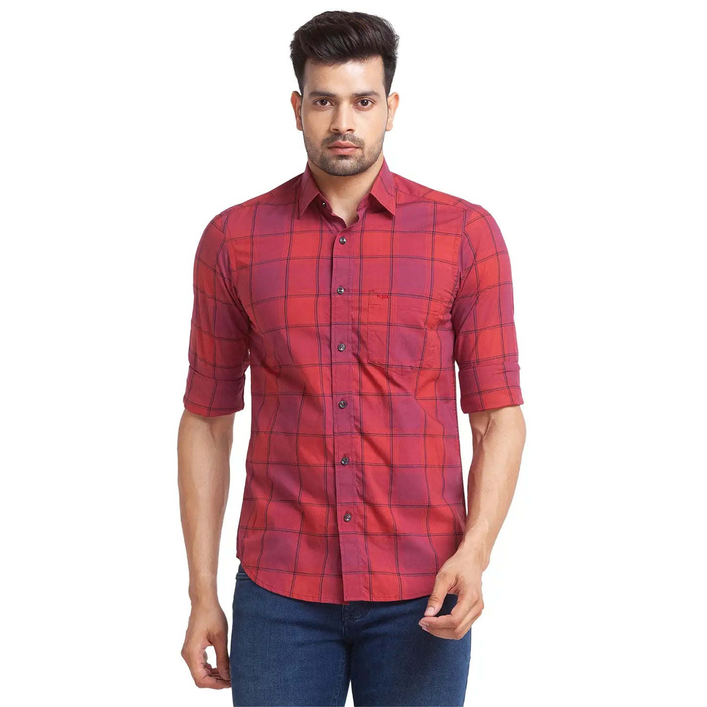 Men Red Tailored Fit Checks Cotton Full Sleeve Shirts