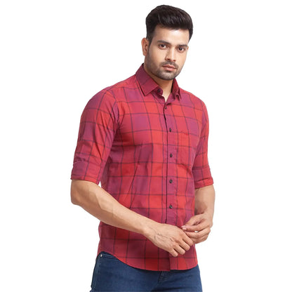 Men Red Tailored Fit Checks Cotton Full Sleeve Shirts