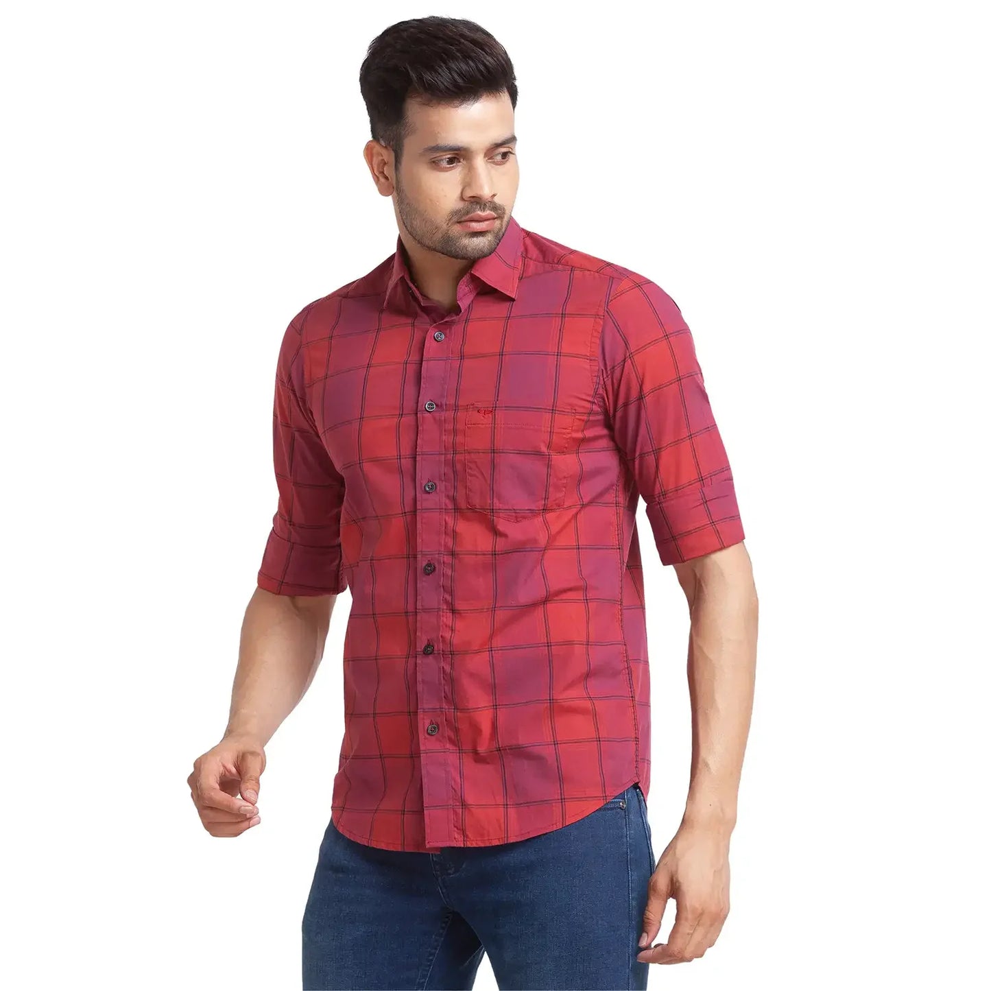 Men Red Tailored Fit Checks Cotton Full Sleeve Shirts