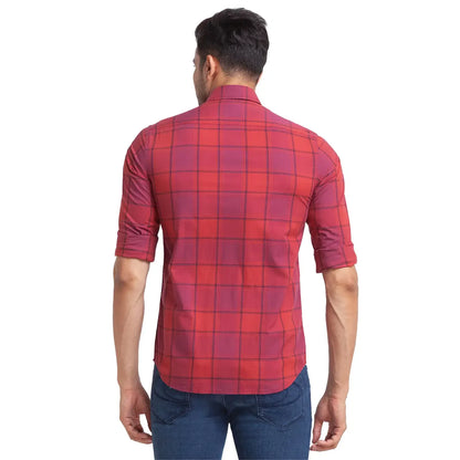 Men Red Tailored Fit Checks Cotton Full Sleeve Shirts