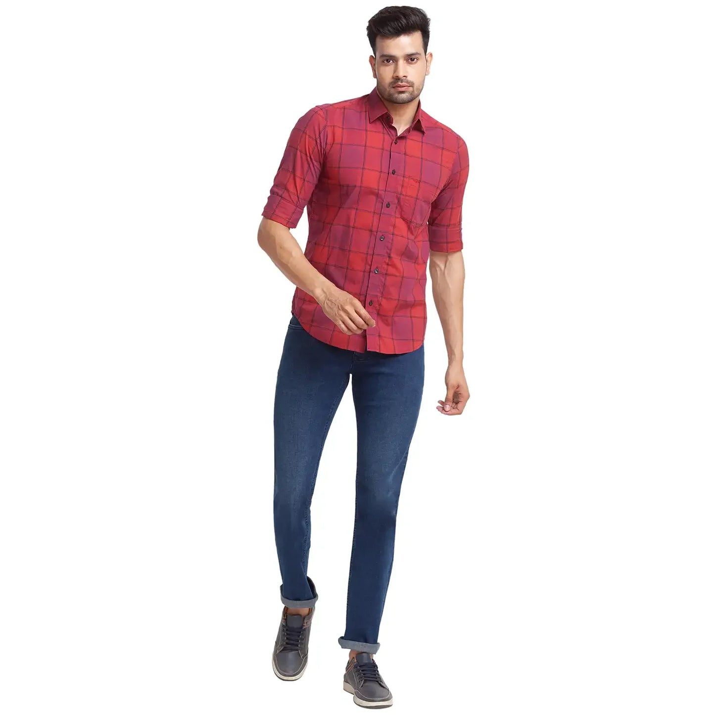 Men Red Tailored Fit Checks Cotton Full Sleeve Shirts