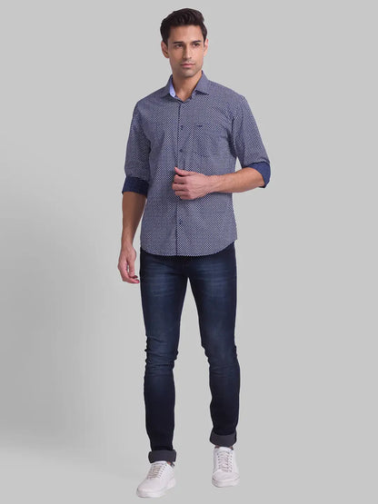 Men Blue Slim Fit Print Cotton Cut Away Collar Shirts