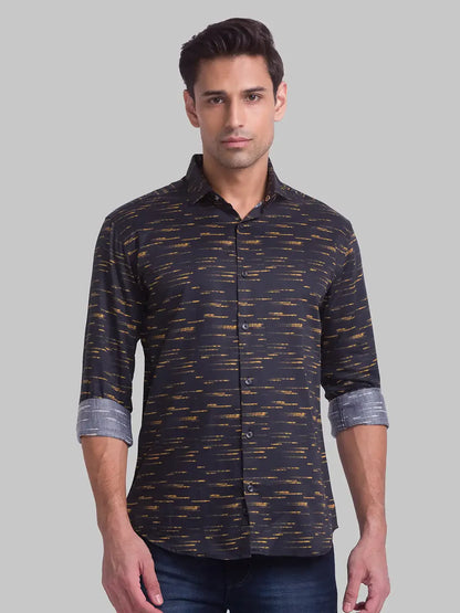 Men Yellow Slim Fit Print Cotton Cut Away Collar Shirts