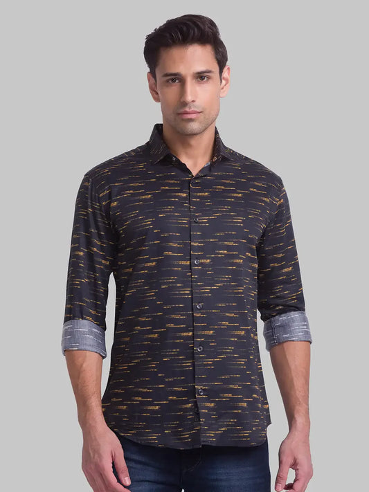 Men Yellow Slim Fit Print Cotton Cut Away Collar Shirts