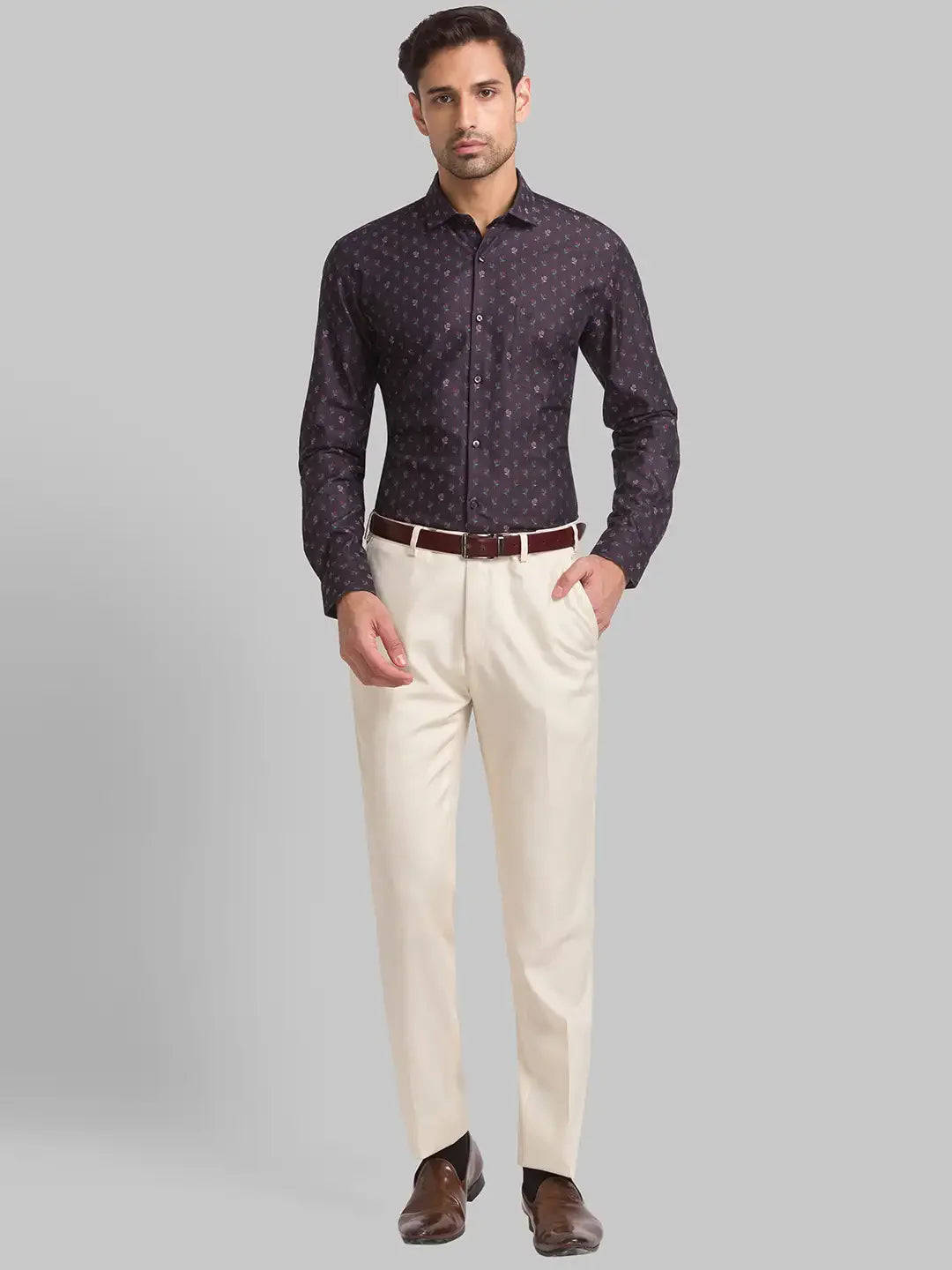 Raymond Men Brown Jacquard Contemporary Fit Cotton Casual Shirt