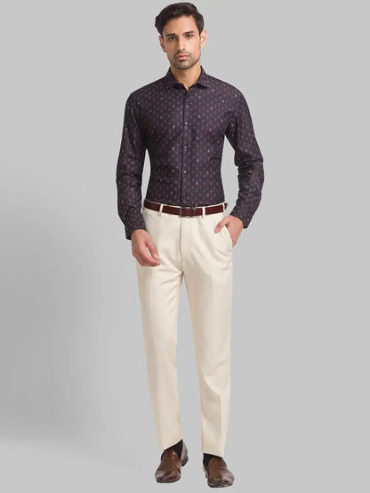 Raymond Men Brown Jacquard Contemporary Fit Cotton Casual Shirt